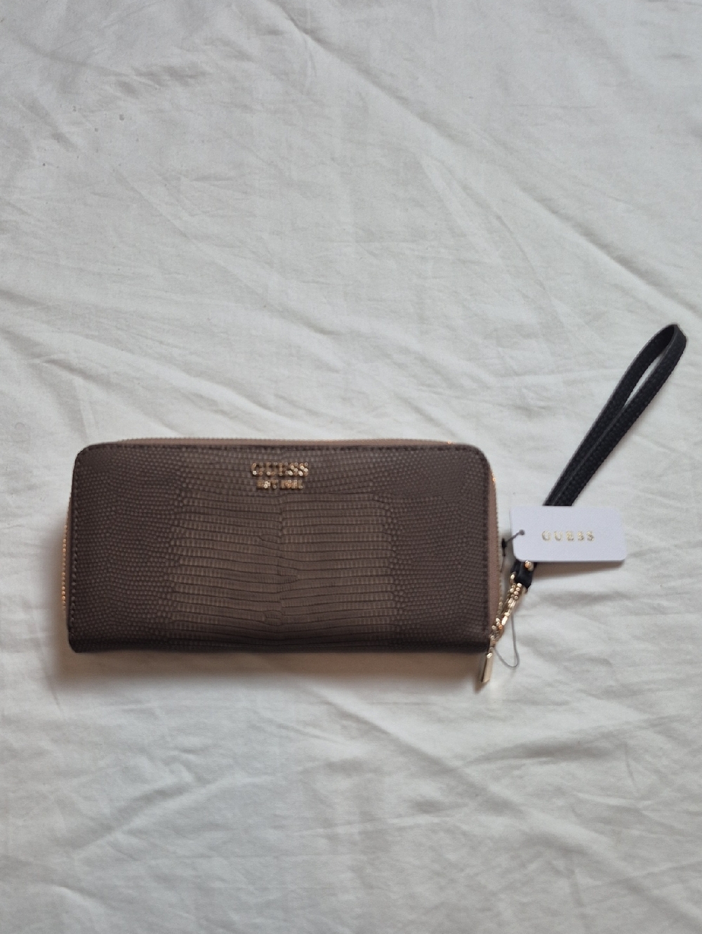 GUESS Taupe Textured Zip Wallet with Wrist Strap